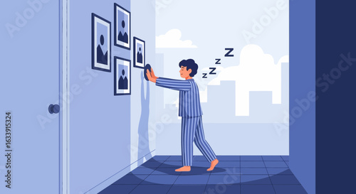 Sleepwalking Man In Pajamas Reaches For Family Portraits On The Wall