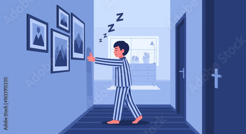 Sleepwalking Boy In Pajamas Wandering Through House In Nighttime