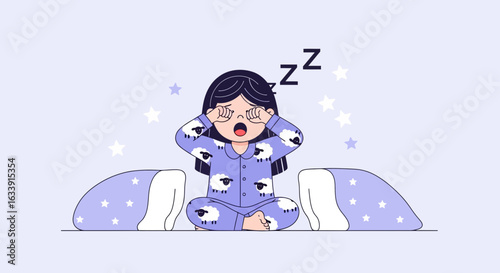 Sleepy Girl Rubbing Eyes In The Morning Wearing Sheep Pajamas Vector Art