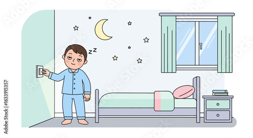 Sleepy Boy In Pajamas Turning Off The Bedroom Light At Night