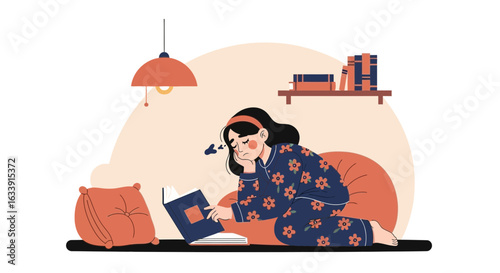 Sleepy Reader Girl Dressed In Pajamas Relaxing And Reading A Book