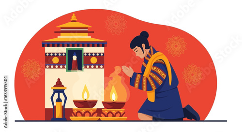 Respectful Woman Kneeling In Prayer Before Traditional Building And Candles