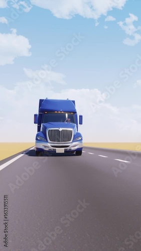 Front view of approaching cartoon freight semi-truck with blue truck cab and chrome trim driving on empty asphalt highway road among plain sand desert. Trucking industry concept vertical 3D animation.