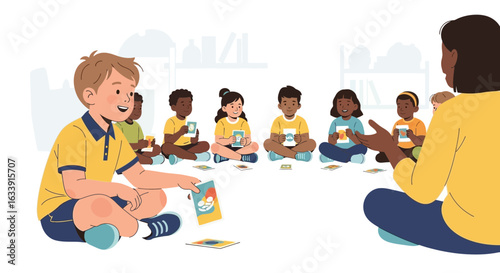 Teacher And Diverse Children Playing Educational Card Game Together At School