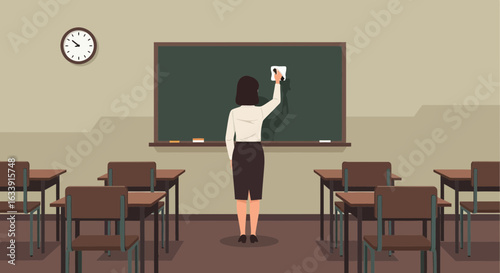 Teacher Cleans The Blackboard After Class In An Empty Classroom Setting