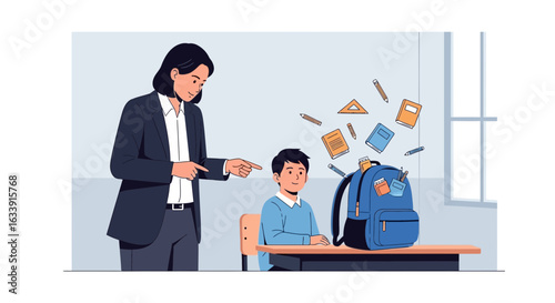 Teacher Directs Student With Overflowing Backpack At The School Classroom