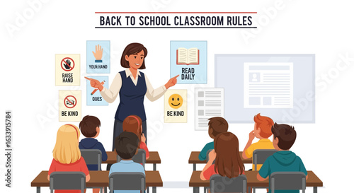 Teacher Explaining Classroom Rules to Students in Elementary School Classroom
