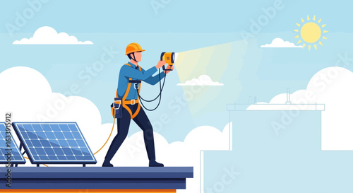 Solar Panel Inspection By Technician On Rooftop Against Sky Background