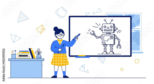 Teacher Explaining Robot Technology And Future Development On The Whiteboard
