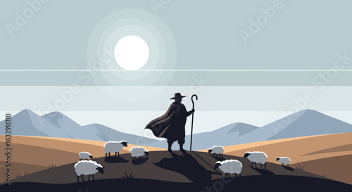 Solitary Shepherd Tending Sheep In Pastoral Landscape At Sunset