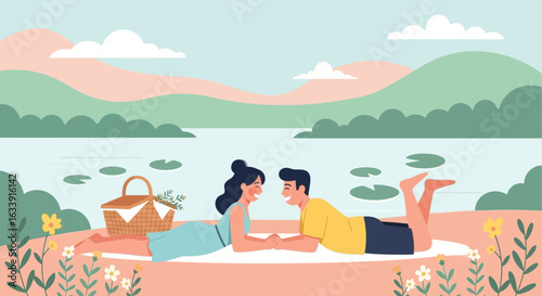 Romantic Couple Enjoying a Picnic on a Lake Shore with Mountain Views