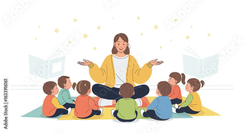 Teacher Reads Story To Children In Classroom Kindergarten Learning Time