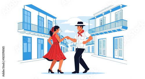 Romantic Couple Enjoying a Traditional Latin Dance in a Picturesque Street