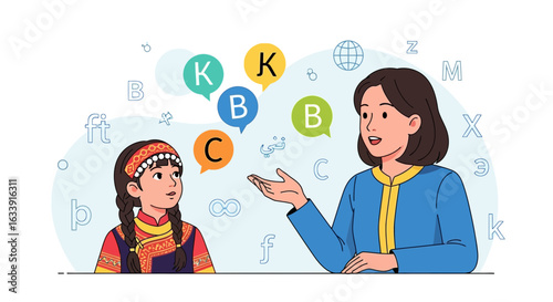 Teacher Teaches the Girl Letters Learning Languages Education Vector Illustration