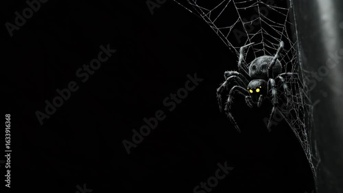spider with glowing eyes on a cobweb, a creepy Halloween decoration against a black background with copy space