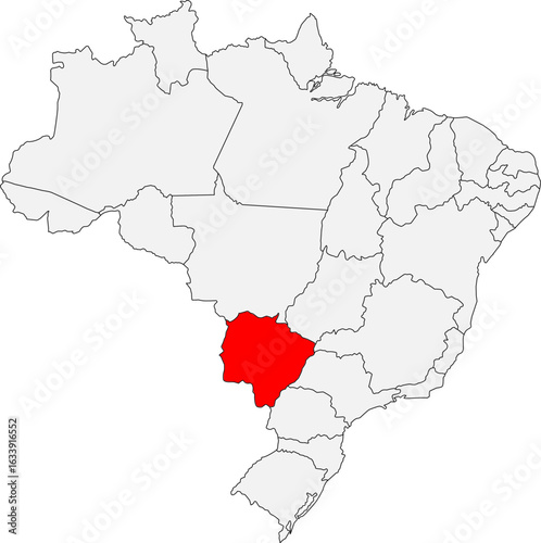 Map of Brazil highlighting the state of Mato Grosso do Sul. Ideal for geographic studies, ecotourism projects, and content about the Pantanal wetlands.