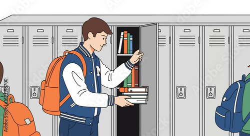 Teenage Student Organizing His School Locker With Backpack And Books At School