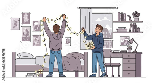 Roommates Decorating College Dorm Room With Festive String Lights In Student Housing