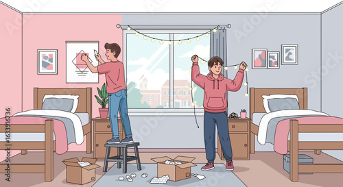 Roommates Decorating Their Dorm Room With Lights And Hanging Pictures Together