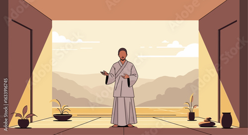 Spiritual Monk Offers Insightful Guidance Within Meditative Japanese Temple Setting