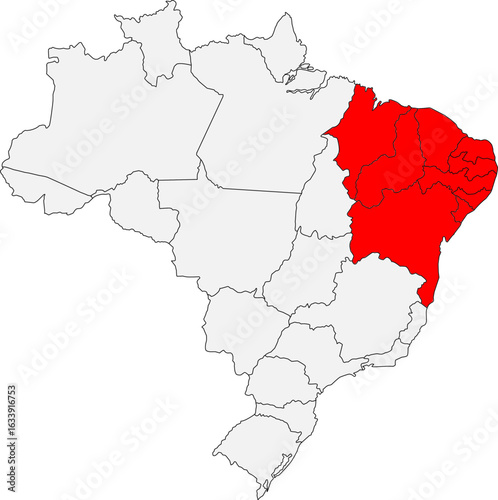 Map of Brazil highlighting the Northeast (Nordeste) region. Ideal for geographic studies, travel guides, and projects on its vibrant culture and coastline.