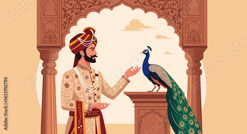 Royal Encounter An Indian King And Regal Peacock In Ornate Palace Archway