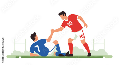 Sportsmanship Gesture Depicting a Football Player Helping Up An Opponent