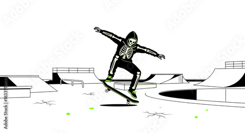 Spooky Skateboarder Performing Trick At Outdoor Skatepark Wearing Skeleton Suit