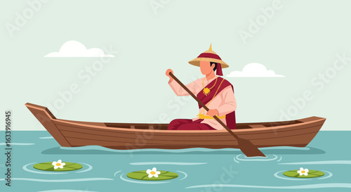 Thai Boatman Rowes Through Still Water In Traditional Clothing and Hat