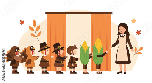 Thanksgiving Elementary School Play Children Dressed Costumes Cartoon Performance Stage