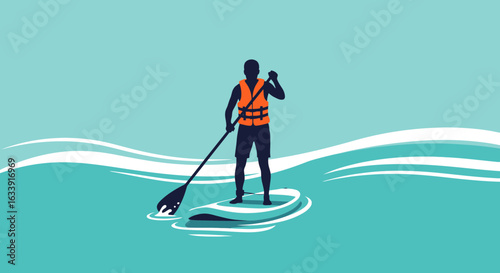 Stand Up Paddleboarding Adventure Silhouette in Aquatic Scenery Illustration