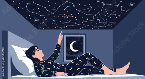 Stargazing Dreams Woman Relaxing Bed Constellations Ceiling At Night Illustration
