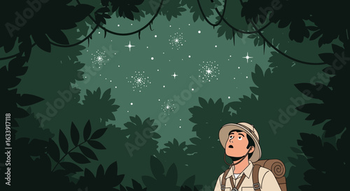 Stargazing Through Dense Jungle Foliage An Explorer's Awe Underneath Twinkling Heavens