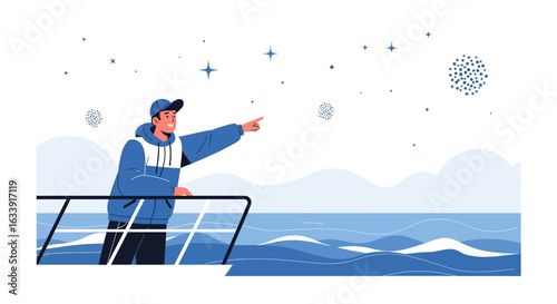 Sailing Adventures Man Enjoying Ocean Views Underneath A Starry Night Sky