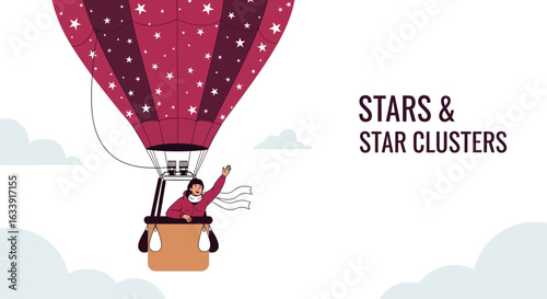 Starry Dream Above: Whimsical Air Balloon Journey Through Clouds Illustration
