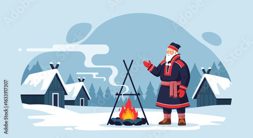 Sami Man With Campfire Illustration In Winter Landscape Scene Cartoon