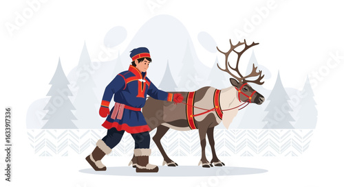 Sami Man Leads Reindeer Through Snowy Winter Landscape in Scandinavia