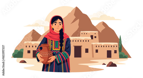 Traditional Afghan Woman Holding a Pot in Front of Mud Brick Houses