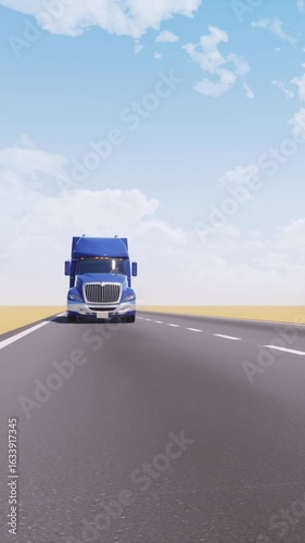 Front view of cartoon freight semi-truck with blue truck cab and chrome trim driving on empty asphalt highway road among abstract plain sand desert. Trucking industry concept vertical 3D animation.