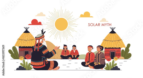 Storytelling Village Scene With Elder Sharing Ancient Sun Myths