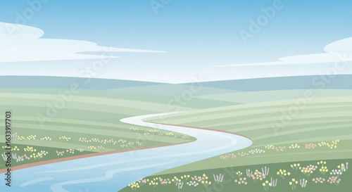 Scenic Serenity Winding River Through Verdant Fields Under Gentle Sky