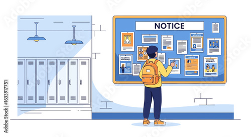 Student Checking Information On Notice Board In College Corridor Illustration