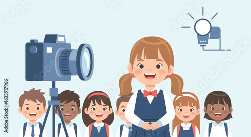 School Photo Day With Cheerful Students Posing for Yearbook Picture Session