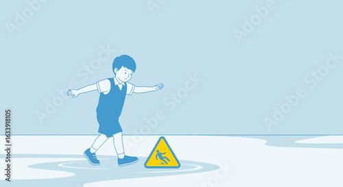 Schoolboy Is Slipping on A Wet Floor Because of A Warning Sign Minimal