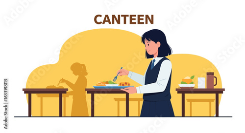 Student Having Lunch Or Dinner At Cafeteria Dining Area Illustration