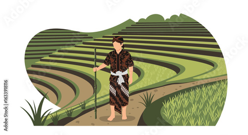 Traditional Farmer Standing In The Rice Terraces Of Southeast Asia