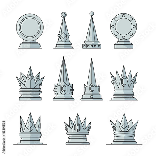 Stylized Chess Pieces Designed with Geometric Symmetry and Regal Embellishments for Strategic Board Games and Artistic Representation