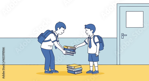 Student Helping Classmate With Books At School Corridors Illustration Vector