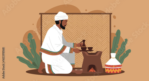 Traditional Ethiopian Coffee Ceremony Preparation In a Warm Ambiance Scene
