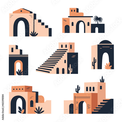 Ancient Desert Architecture Styles Featuring Arches Staircases and Cacti in a Warm Color Palette